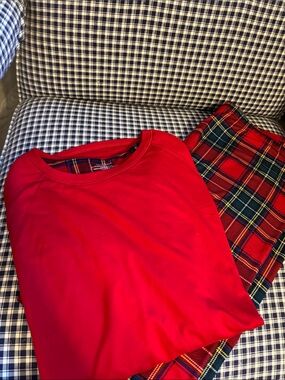 Cuddl Duds Red Top with Red Plaid Pajama Pants, climate right